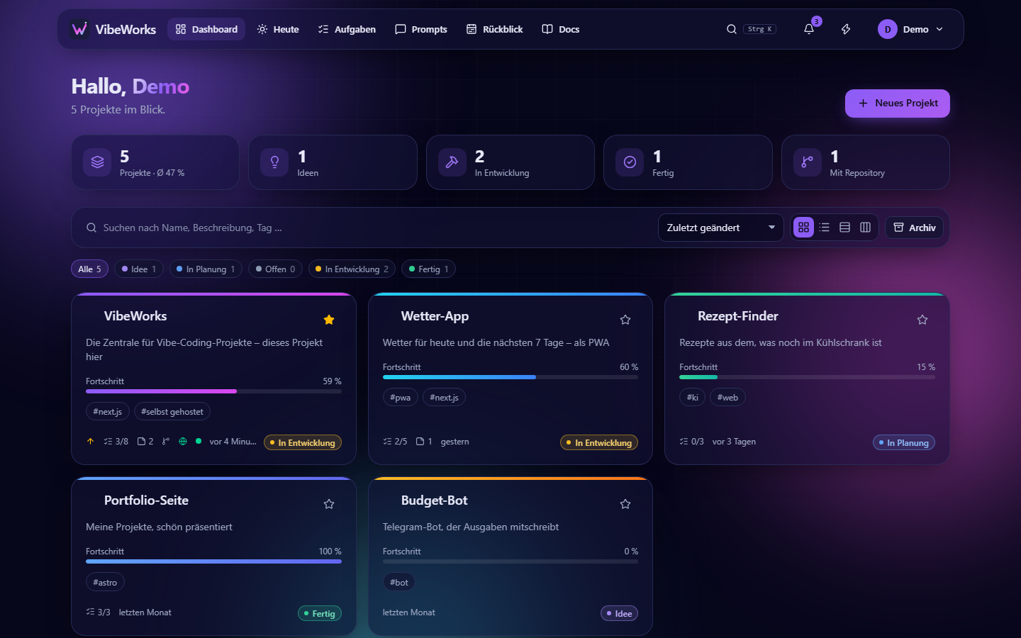 Dashboard mit Projektkarten, Statistik und Filtern