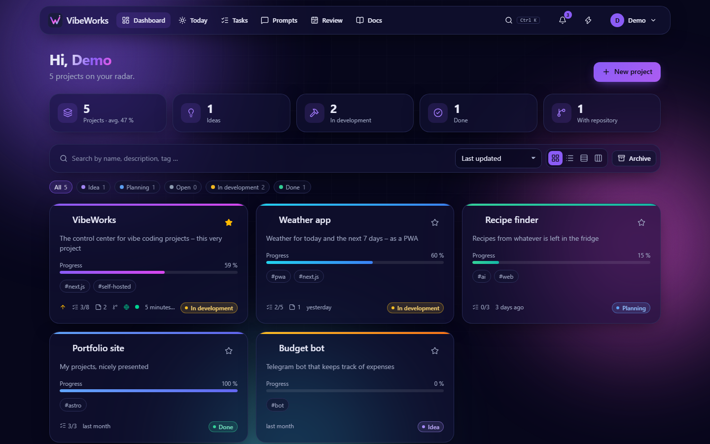 Dashboard with project cards, statistics and filters